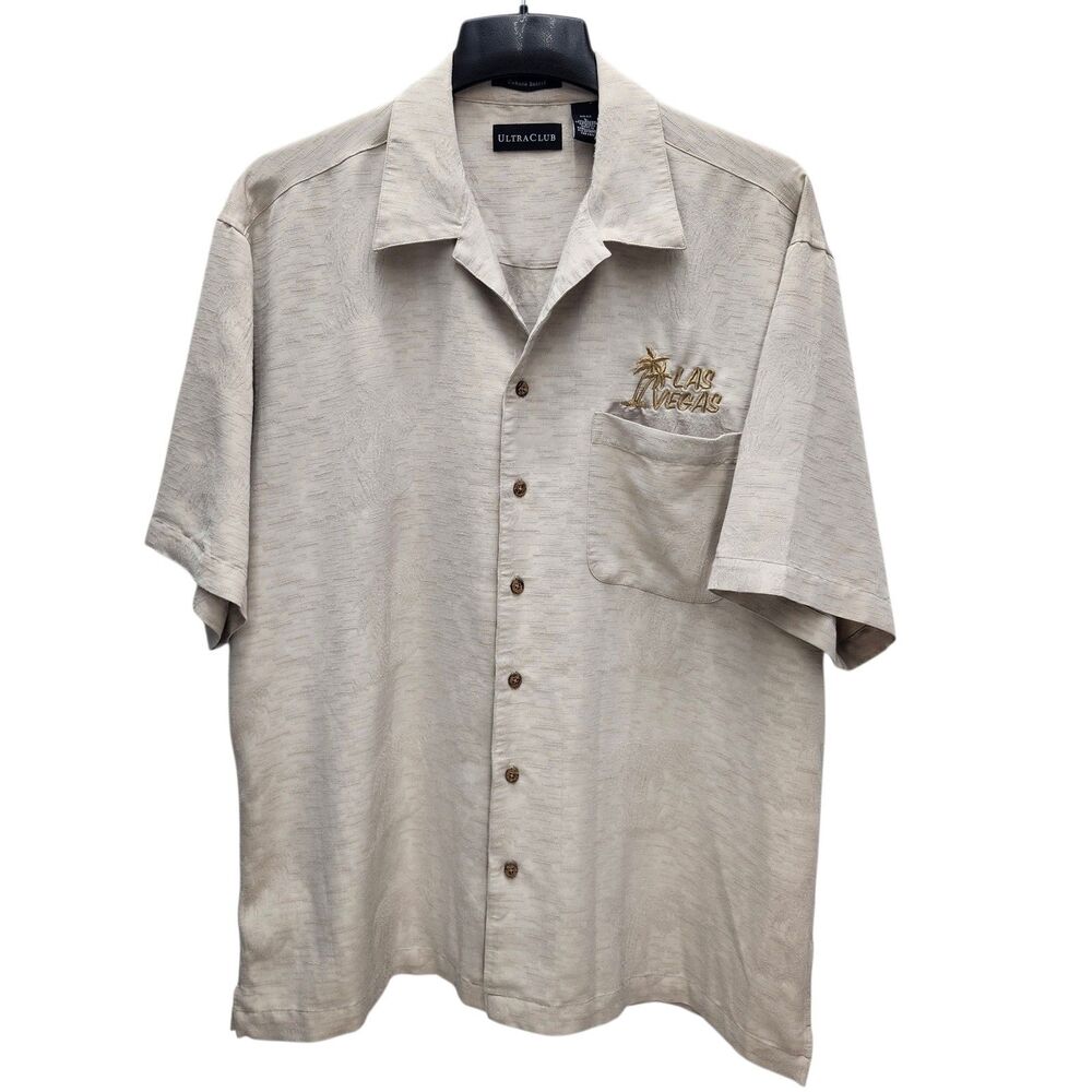 UltraClub Cabana Breeze Shirt Las Vegas Mens Large Tan Palm Trees Resort Wear